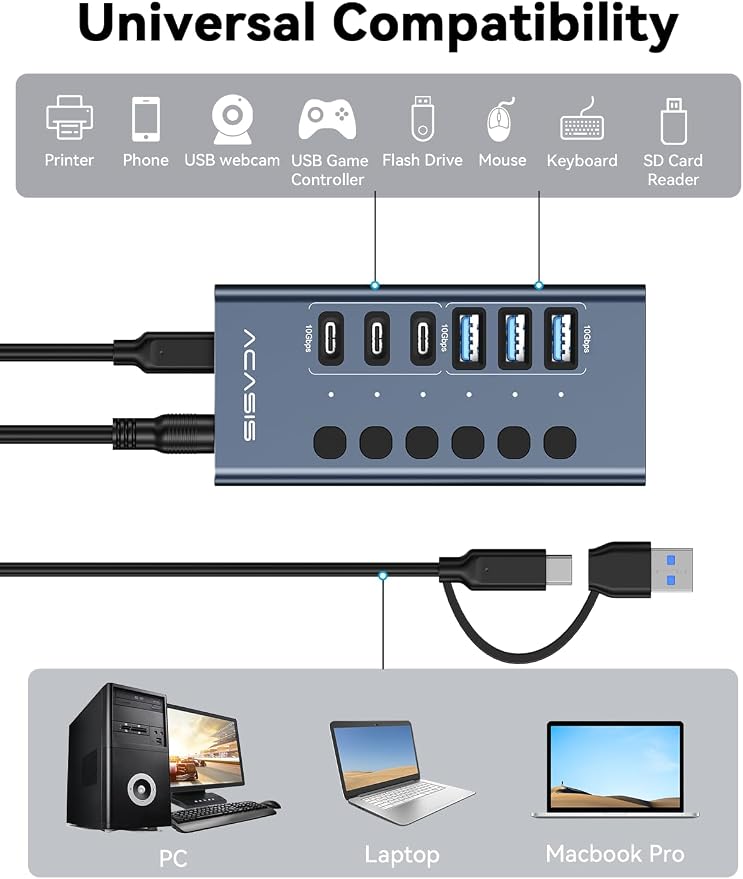 Powered USB 3.2 Hub, ACASIS 6 Ports USB 3.2 Hub(3 USB-A 3.2 Ports + 3 USB-C 3.2 Ports), Aluminum USB Hub Powered with 48W Power Adapter, USB Hub for PC/Laptop, Computer, Flash Drive, Printer, Camera