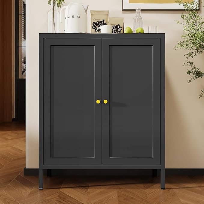2 Door Metal Storage Cabinet-Small Bathroom Storage Cabinet with 1 Adjustable Shelf,Metal Freestanding Sideboard for Home Office, Living Room, Hallway, Entryway(Square Door, Black)
