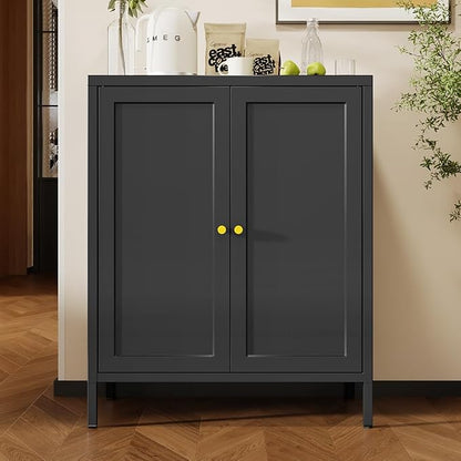 2 Door Metal Storage Cabinet-Small Bathroom Storage Cabinet with 1 Adjustable Shelf,Metal Freestanding Sideboard for Home Office, Living Room, Hallway, Entryway(Square Door, Black)