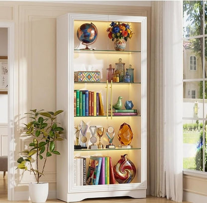 Vlsrka LED Display Cabinet with Glass Doors, Modern Storage Cabinet with 5 Tier Adjustable Shelves, Human Sensor, for Collectibles, 65" Tall Bookcase for Home Office Living Room, White