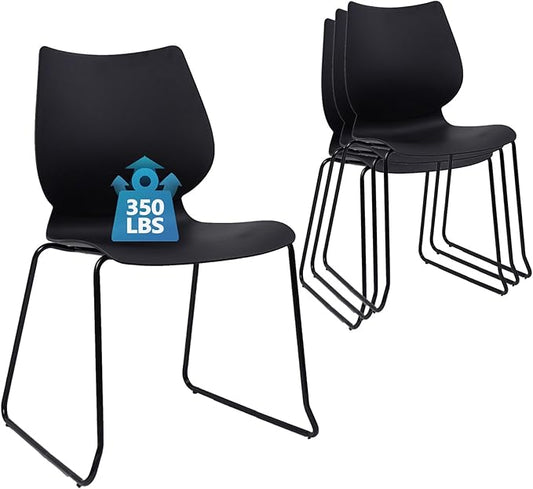 KLASIKA Stackable Waiting Room Chair, Stacking Office Chair with Ergonomic Lumbar Support and Metal Legs, Plastic Desk Chairs for Conference School Church Guest Reception Set of 4, Black