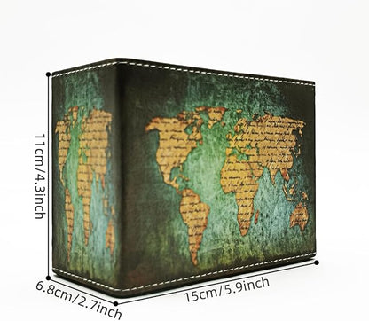 Pen Holder, Rectangle Vintage Pencil Holder with 2 Compartments, PU Leather Art Remote Control Holder Organizer Storage for Desk Accessory (World Map)