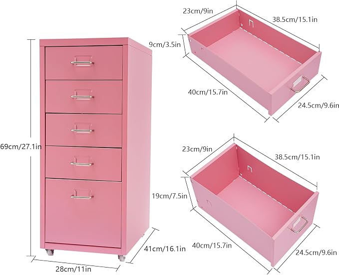 Metal Storage Cabinet with Wheels, 5 Drawers Mobile Filing Cabinet Under Desk Organizer Unit for Home Office