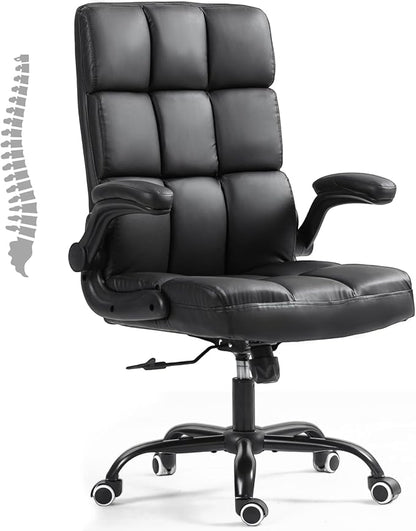 ECOTOUGE Executive Office Chair, PU Leather Ergonomic Comfy Desk Chair, High Back Computer Chair with Adjustable Tilt Angle and Flip-up Arms (Without Footrest Black)