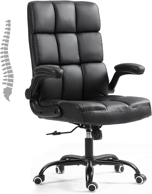 ECOTOUGE Executive Office Chair, PU Leather Ergonomic Comfy Desk Chair, High Back Computer Chair with Adjustable Tilt Angle and Flip-up Arms (Without Footrest Black)
