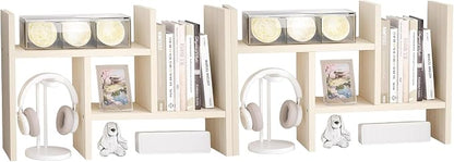 Jerry & Maggie Desktop Organizer Office Storage Rack Adjustable Wood Display Shelf Free Style Double H, Multi-Functional Mini Bookshelf for Desk Natural Stand (White Wood Tone/2 Pack)