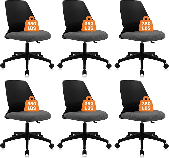 CLATINA Armless Home Office Chairs, Ergonomic Small Desk Chair with Wheels and Soft Thick Upholstered Cushion, Comfy Adjustable Height Swivel Computer Task Chair for Conference Waiting, Black, 6 Pack
