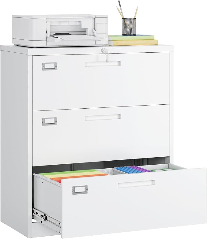 MIIIKO 3 Drawer Lateral File Cabinet with Lock, White Lateral Filing Cabinet, Large Deep Drawers Locked by Keys, Metal Storage File Cabinet for Hanging Files Letter/Legal/F4/A4 Size