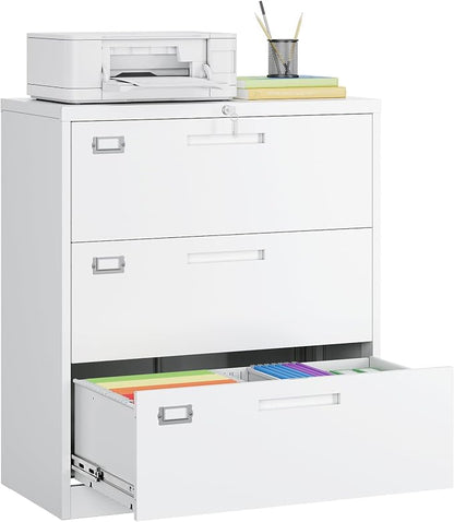 MIIIKO 3 Drawer Lateral File Cabinet with Lock, White Lateral Filing Cabinet, Large Deep Drawers Locked by Keys, Metal Storage File Cabinet for Hanging Files Letter/Legal/F4/A4 Size