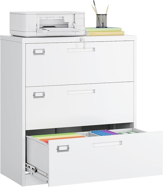 MIIIKO 3 Drawer Lateral File Cabinet with Lock, White Lateral Filing Cabinet, Large Deep Drawers Locked by Keys, Metal Storage File Cabinet for Hanging Files Letter/Legal/F4/A4 Size