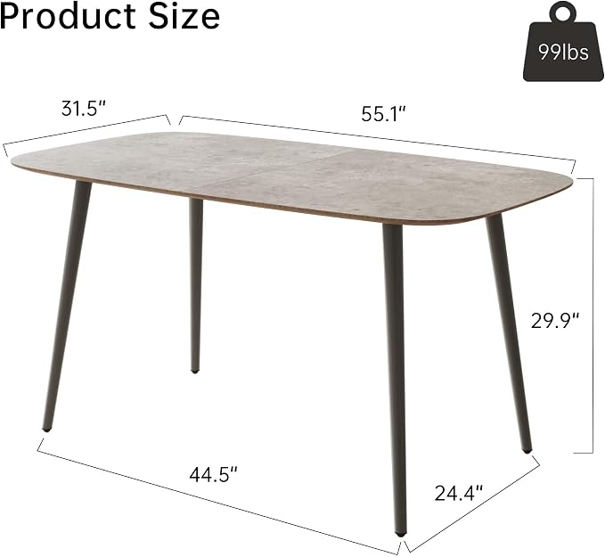 HIPIHOM 55.1'' Kitchen Dining Table for 4 Persons, Wooden Kitchen Table with Metal Legs, Rustic Farmhouse Style Dining Table Rectangular Dining Table for Kitchen, Dining Room and Living Room (Gray)