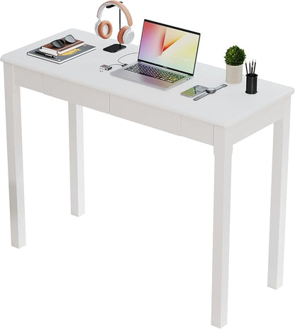 Wood Desk with Drawers - Solid Wood Mid Century Modern Desks for Bedroom, Small Computer Desk for PC, Laptop, Study, Makeup, 39.4 W x 29.5 H x 15.75 D in, White