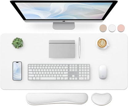 Bloss Leather Desk Pad and Keyboard Wrist Rest, Large Mouse Pad + Keyboard Pad+Mouse Wrist Support, Non-Slip Desk Mat Protector for Office, Home (35.4×15.7 Inches,White)