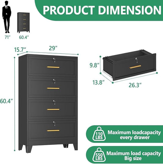 Metal Lateral File Cabinet with Lock,4 Drawer Steel Wide Filing Organization Storage Cabinets,Office Filing Cabinet for Letter/A4/F4 Size with Hanging Files&Key,Lockable Cabinets for Home Office