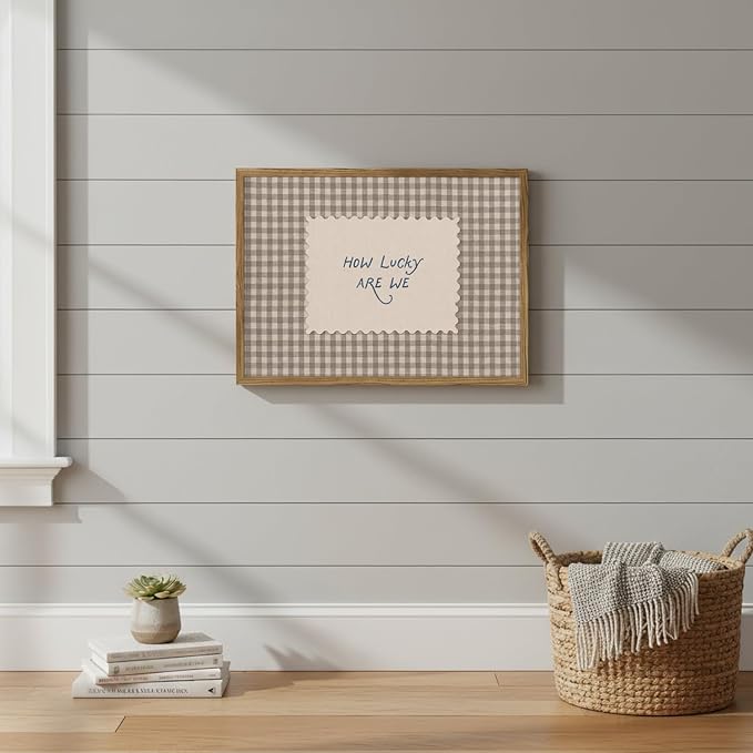 How Lucky Are We Wall Art Framed Canvas, Vintage Gingham Quote Print, Trendy Preppy Aesthetic Stripe Inspirational Wall Decor for Bedroom Dorm Apartment 12x16 Inch