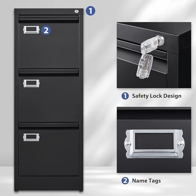 Black 3 Drawer File Cabinet,Metal Filing Cabinets with Lock,Office File Storage Cabinet for A4/Letter/Legal Size File(Assembly Required)