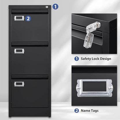 Black 3 Drawer File Cabinet,Metal Filing Cabinets with Lock,Office File Storage Cabinet for A4/Letter/Legal Size File(Assembly Required)