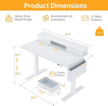 White Electric Standing Desk with Drawers - 40 Inch Small Standing Desk with Shelf Monitor Stand Storage Height Adjustable for Home Office, Study Writing Girls Computer Sit Stand Desks for Bedroom