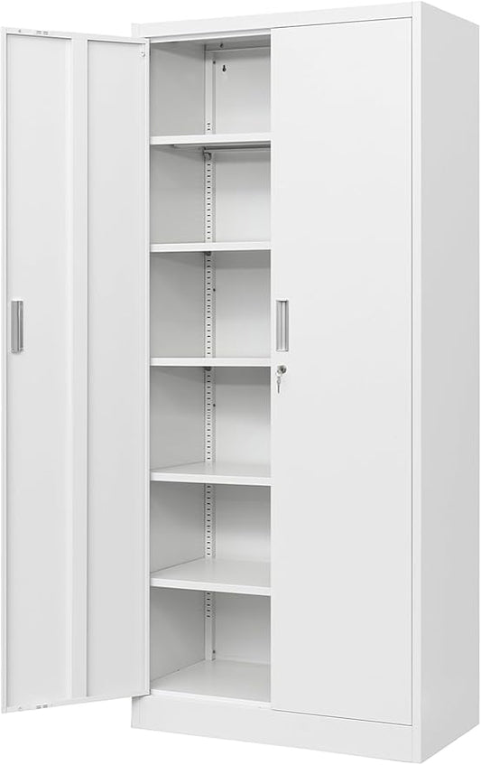CMY Metal Storage Cabinet with Locking Doors and 5 Adjustable Shelves, 71” Tall Steel Storage Cabinets for Garage, Home Office, Pantry (White)
