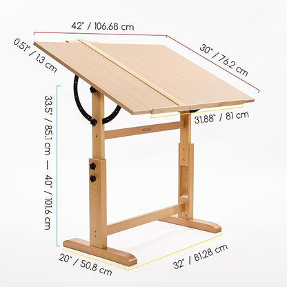 MEEDEN Extra-Large Wood Drafting Table: 42" x 30" Artist Drawing Table Desk - Painting Table with Adjustable Height & Angle - Art Table for Adults with Pencil Ledge for Sketching, Writing, Natural