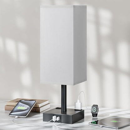 Touch Bedside Table Lamp For Nightstand - 3-Way Dimmable Night Lamp with USB A + Type C Charging Ports and two AC Outlets, Small Desk Light with E26 LED Bulb for Bedroom Living Room Office, Grey Black