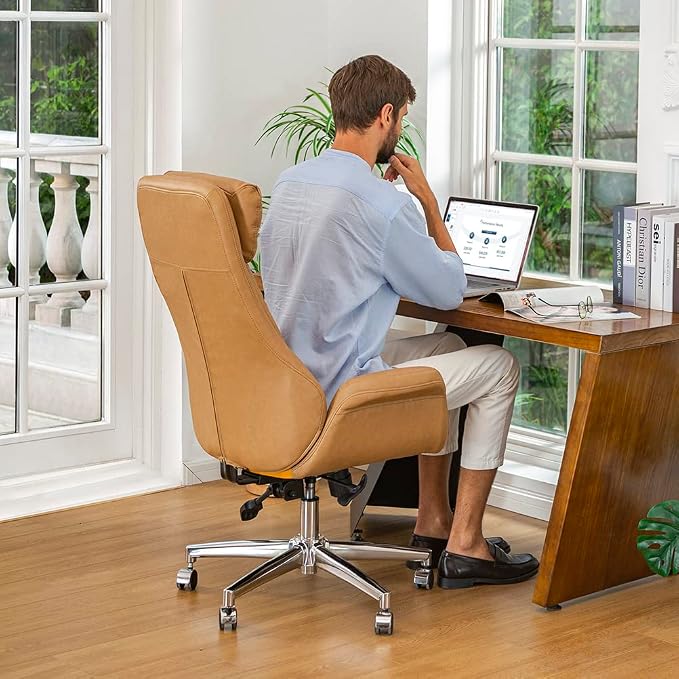 Glitzhome Modern Executive Office Chair, High Back PU Leather Ergonomic Computer Desk Chair, Adjustable Height Swivel Office Task Chair with Lumbar Back Support (Camel)