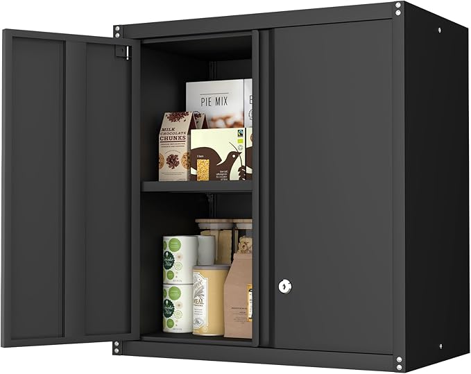IRONFFICE Wall Cabinet Storage, Locking Wall Cabinet with 2 Doors,Garage Storage Cabinet for Home Office,Gym,Garage,Black