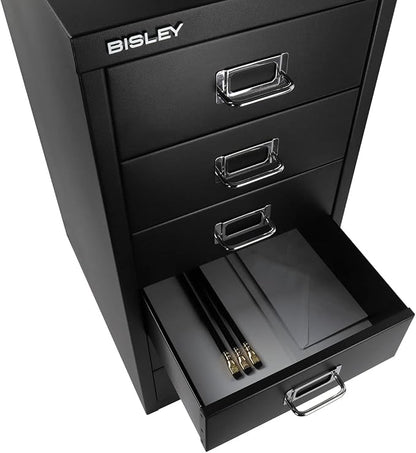 Bisley 6-Drawer Steel MultiDrawer Cabinet - Black | Chrome Pull Handles with Label Holders, Powder-Coated Steel, Removable Drawers, Fits Under Most Desks, Labels Included