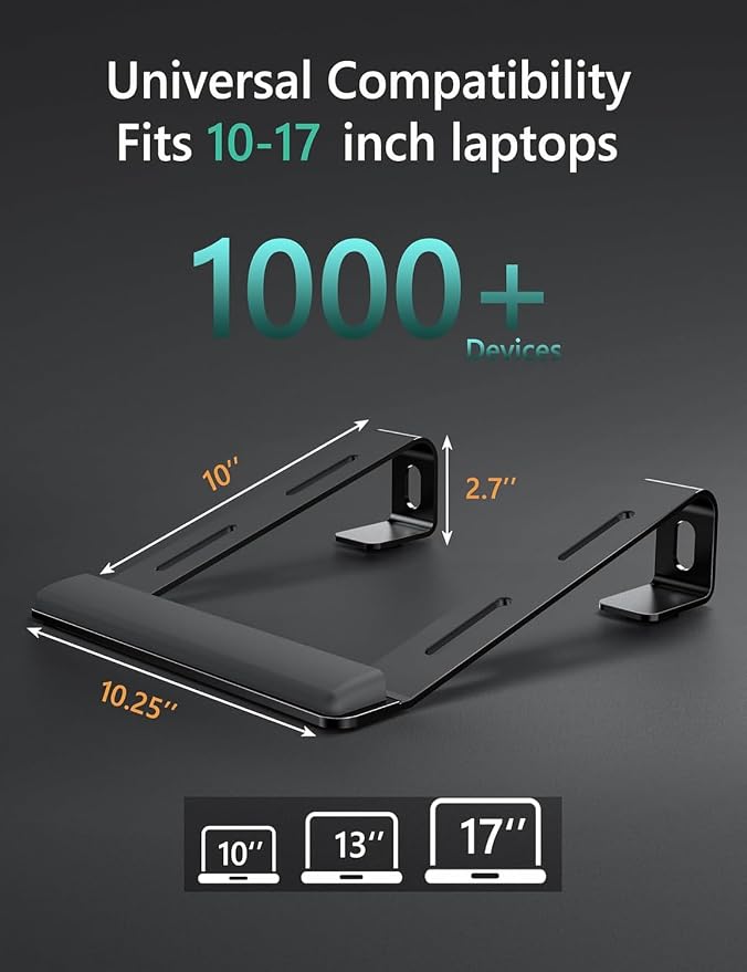 JCZT Aluminum Laptop Stand, Notebook Stand with Wrist Rest, Ergonomic Detachable Laptop Mount, Computer Stand Compatible with 10-17'' All Laptops Such as MacBook Air Pro/HP/Dell/Lenovo, Black