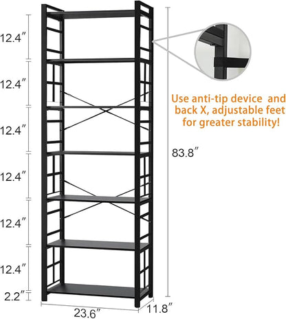 HOMBAZAAR 7 Tier Bookshelf,84 inch Tall Industrial Bookcase with Metal Frame and Open Shelves,Rustic Heavy Duty 7 Shelf Bookcase, Office Book Shelves for Living Room and Bedroom,Black