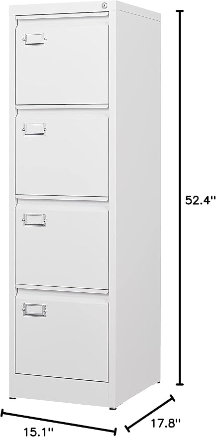 BYNSOE 4 Drawer File Cabinet with Lock Metal Vertical File Storage Cabinet Office Home Steel Vertical File Cabinet for A4 Legal/Letter Size Narrow File Cabinet Locked,Assembly Required