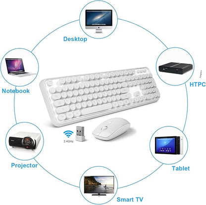 Wireless Keyboard and Mouse Combo - Cute Colorful Keyboard and Mouse, Retro Typewriter Keyboard with 2.4GHz Plug & Play, for Windows 11/10/7, Laptop, PC (White)