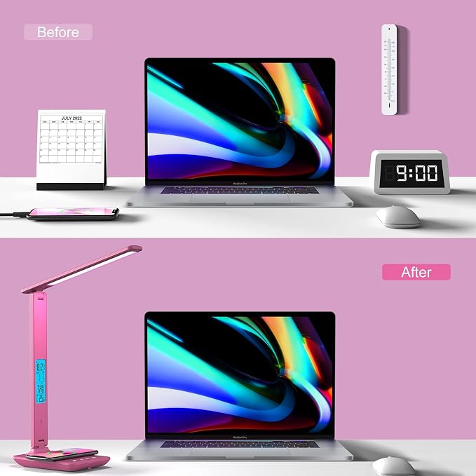 Desk Lamp, LED Desk Lamp with Wireless Charger, USB Charging Port, Table Lamp with Clock, Alarm, Date, Temperature, Office Lamp, Desk Lamps for Home Office, Pink