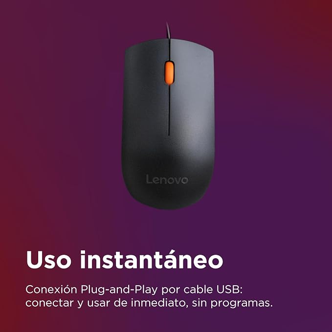 Lenovo 300 USB wired computer mouse - full size optical ambidextrous with 1600 DPI, reliable USB-A connection, easy 3-button navigation – long lasting, durable, black