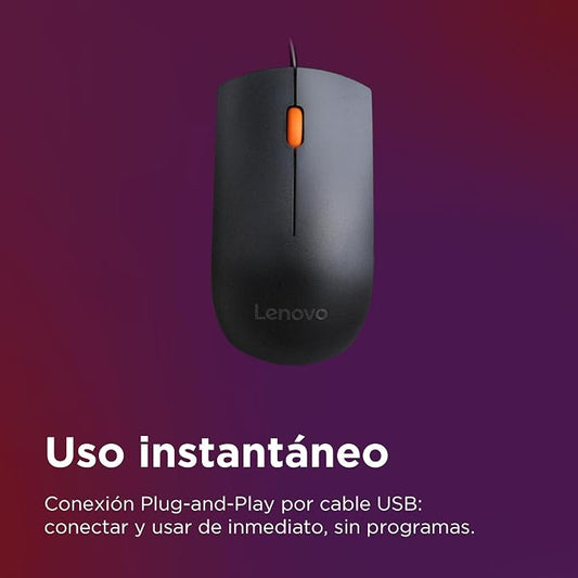 Lenovo 300 USB wired computer mouse - full size optical ambidextrous with 1600 DPI, reliable USB-A connection, easy 3-button navigation – long lasting, durable, black