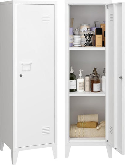 Locker Cabinet, 50" White Small Metal Locker Storage Cabinet for Employees with Locking Door and 2 Shelves Kids Locker Tool File Cabinets for Office, Garage