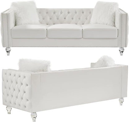 Mikibama Velvet 3 Seater Sofa Couch with Buttons and Square Arms 83.07 Inch Tufted 3-seat Sofas with Trimmed Nailhead and Acrylic Legs Modern Couches for Living Room,Bedroom (Beige-crystal Legs, Sofa)