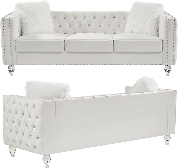 mikibama Velvet Loveseat with Buttons and Square Arms 59 Inch Tufted Sofa with Trimmed Nailhead and Metal Legs Loveseat Couch for Living Room, Bedroom (Beige-Crystal Legs, Loveseat + Sofa)
