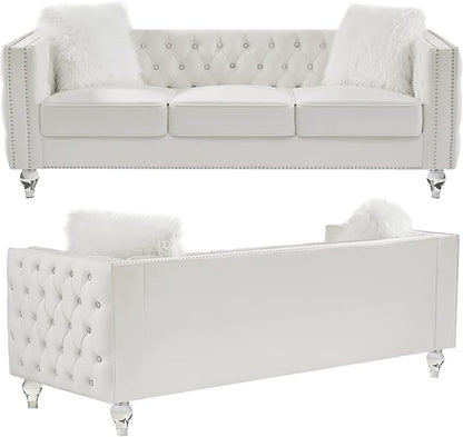 mikibama Velvet Loveseat with Buttons and Square Arms 59 Inch Tufted Sofa with Trimmed Nailhead and Metal Legs Loveseat Couch for Living Room, Bedroom (Beige-Crystal Legs, Loveseat + Sofa)