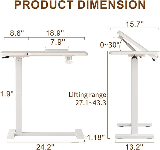 Solid Wood Overbed Bedside Table with Wheels, Tilting Adjustable Hospital Bed Table Over The Bed, Medical Mobile Laptop Stand, Rolling Standing Desk for Hospital and Home Use(White)