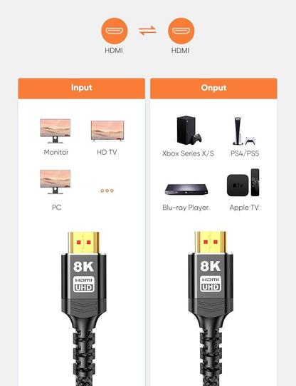 Highwings 8K HDMI 2.1 Cable 2-Pack 3.3FT, Slim Ultra High Speed HDMI Braided Cord-48Gbps,4K@120Hz 8K@60Hz, HDCP 2.2&2.3, Dynamic HDR,eARC,DTS:X,RTX 3090,Compatible with Roku TV/HDTV/PS5/Blu-ray