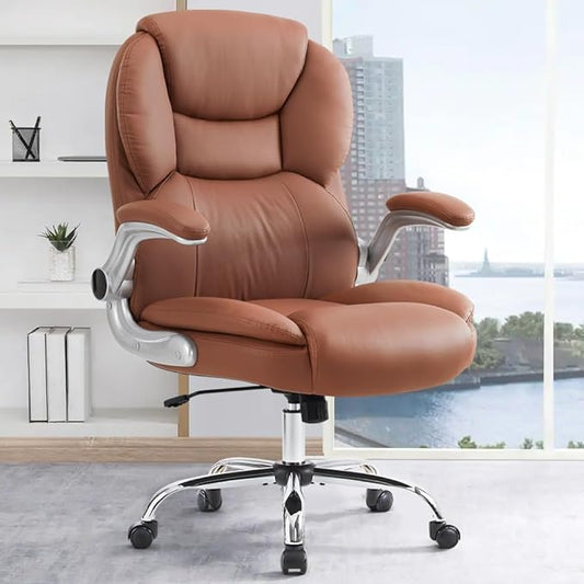 IWMH Executive Office Chair, Ergonomic Big and Tall Computer Desk Chair, High Back PU Leather Chair with Padded Flip-up Armrest, Lumbar Support Swivel Rolling Chairs Brown