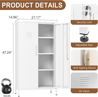 pozdeg 47.24" Metal Storage Locker with Lockable, Employees Metal Steel Locker with 2 Door ＆ 3 Adjustable Shelves, Small Locker Storage Cabinets for Home, School, Office, Gym (White)