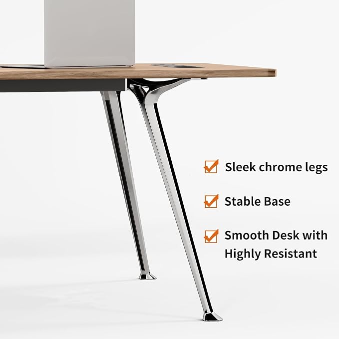 60-Inch Executive Desk, Modern Desk for Home Office, Wooden Study Writing Work Table with Power Outlets and USB-C Port, Large Legroom, Sturdy Metal Frame, Mid-Century Modern Simple, Light Brown