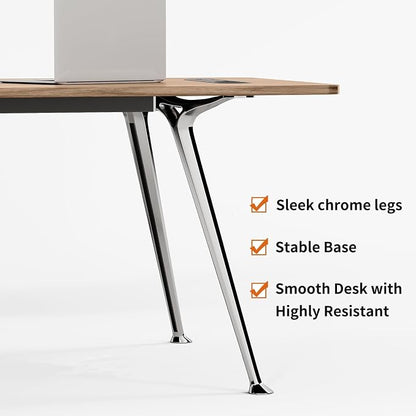 60-Inch Executive Desk, Modern Desk for Home Office, Wooden Study Writing Work Table with Power Outlets and USB-C Port, Large Legroom, Sturdy Metal Frame, Mid-Century Modern Simple, Light Brown