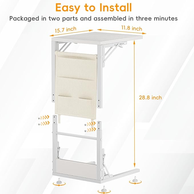 Folding TV Tray Table, Small Folding Side Table with Storage Bag, Portable C Shaped End Table for Couch Sofa Bed, White