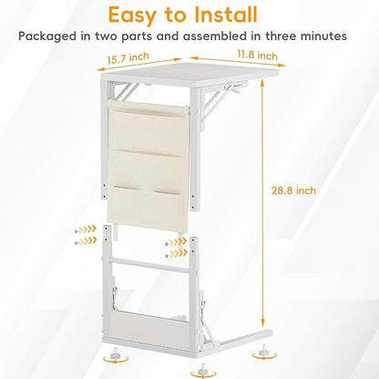 Folding TV Tray Table, Small Folding Side Table with Storage Bag, Portable C Shaped End Table for Couch Sofa Bed, White