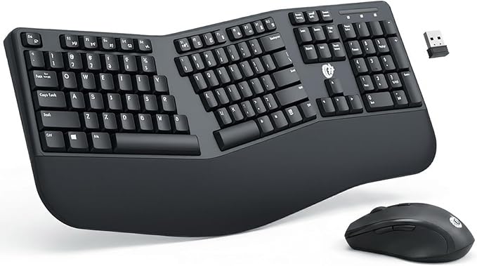 Ergonomic Wireless Keyboard and Mouse Combo, 2.4GHz USB Full Size Keyboard with Wrist Rest and 3 Level DPI Adjustable Wireless Mouse for PC and Laptop Use - Black