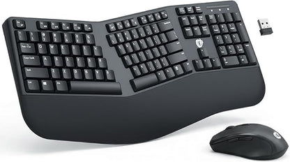 Ergonomic Wireless Keyboard and Mouse Combo, 2.4GHz USB Full Size Keyboard with Wrist Rest and 3 Level DPI Adjustable Wireless Mouse for PC and Laptop Use - Black