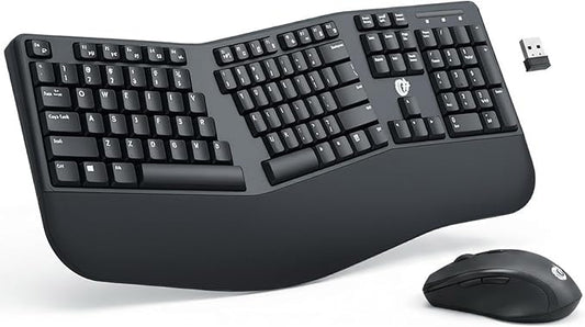 Ergonomic Wireless Keyboard and Mouse Combo, 2.4GHz USB Full Size Keyboard with Wrist Rest and 3 Level DPI Adjustable Wireless Mouse for PC and Laptop Use - Black